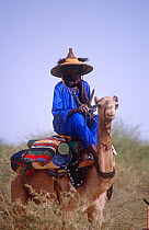 Peul / Fula pastoralist riding camel, Niger, 2005.