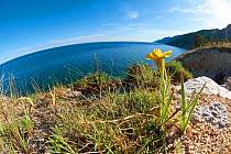 Wide angle view of Lake Baikal shore, Siberia, Russia, June 2009.