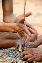 Naro San Bushman making fire by rubbing stick, Kalahari, Ghanzi region, Botswana, Africa. Dry season, October 2014.