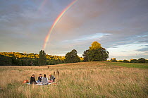 Family enjoying a picnic on Hampstead Heath, London, UK, August 2014. Model released.