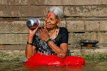 Female pilgrim bathing in the Ganges river, Varanasi, India. February 2012.