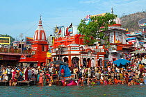 Kumbh Mela, a large Hindu pilgrimage, in which Hindus gather to bathe in the Ganges, Haridwar, India. April 2010.