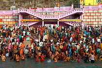 Kumbh Mela, a large Hindu pilgrimag, iin which Hindus gather to bathe in the Ganges, Haridwar, India. April 2010.