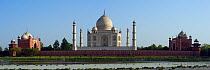 Panoramic of the Taj Mahal, view from the rear over the Yamuna river, Agra, Uttar Pradesh, India. April 2010.