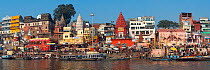 Panoramic of Varanasi and the River Ganges, considered the holiest city of Hinduism, Ghats, Uttar Pradesh, India. February 2012.