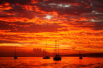 Sail boats at sunset. Port Vila Bay, Efate Island, Vanuatu, September 2008.