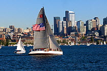 Boats on Lake Union during Tuesday Night 'Duck Dodge' race, Seattle, Washington, USA, July 2014.