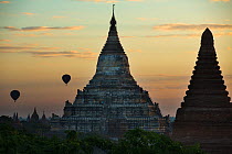 Hot air balloons over the Temples of Bagan at dawn, Myanmar, November 2012.