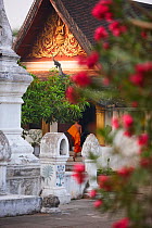 Wat Khili temple, with Buddhist monk in the entrance,  Luang Prabang, Laos, March 2009.