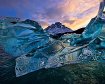 Flawless crystalline ice, produced through millennia of glacial pressure, floating on Lago Grey, Torres del Paine National Park, Chile, June 2014.