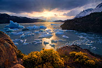 Sunset over the iceberg strewn Lago Grey, Torres del Paine National Park, Chile, June 2014.