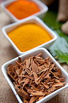 Cinnamon sticks (Cinnamomum verum) and other spices, Sri Lanka.