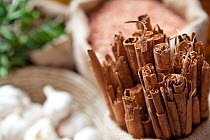 Cinnamon sticks (Cinnamomum verum) and other spices and herbs, Sri Lanka.