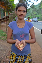 Young girl selling cashews at roadside, Gampaha, Sri Lanka, December 2012.