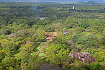 View of gardens, forest and Buddha statue from Sigiriya rock, Sri Lanka, December 2012.