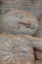 Face of reclining Buddha carving at Gal Vihara rock temple, Polonnaruwa, Sri Lanka.