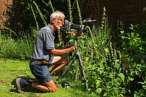 Photographer Kim Taylor using homemade camera and flash equipment for close-up photography in garden, July 2013.