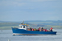 Tourists on boat heading to the Farne Islands from Seahouses Harbour, Farne Islands, Northumberland, UK, July.