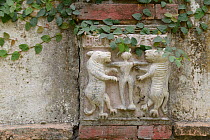 Ornamental carving in wall showing Tigers and human figure, Assam, India.