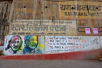 Mural of Mahatma Gandhi and Nelson Mandela on the banks of the Ganges, Varanasi, Uttah Pradesh, India, March 2014.