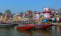 Buildings and boats on the banks of the Ganges, Varanasi, Uttah Pradesh, India, March 2014.