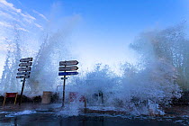 Spring tide waves lashing the seafront and street, Saint-Malo, Ille-et-Vilaine, Brittany, France. February 2014.