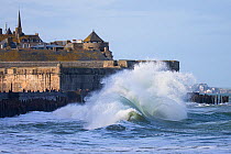 Spring tide waves at Saint-Malo, Ille-et-Vilaine, Brittany, France. February 2014.