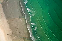 Aerial view of Saint-Michel-en-Grve beach. The green color of water is due to algae (Ulva armoricana) growth caused by nitrogen pollution from agriculture. Cotes d'Armor, Brittany, France, September 2...