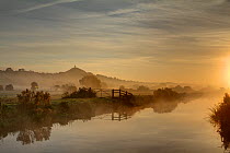 River Brue, at sunrise with Glastonbury Tor in background,  Somerset, UK, August.
