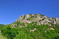 Medieval village of Roubion viewed from below, Mercantour National Park, Provence, France, July 2014.