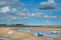 View of main channel at low tide with the east hills visible in the distance. Wells harbour, Norfolk, UK, August 2014.