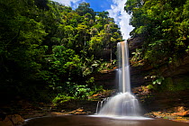 Takob-Akob Falls plunging 38 metres through the rainforest. Southern plateau edge, Maliau Basin, Sabah, Borneo, May 2011.