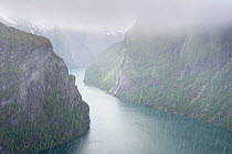 Heavy rainfall over the Geirangerfjorden, Stranda, More og Romsdal, Norway, May 2012.