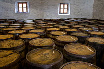 Empty wooden barrels ready to have whisky aged in them. Jura Distillery, Isle of Jura, Hebrides, United Kingdom. June.