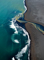 Aerial view of river and coast, South West Iceland, June 2014.