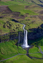 Aerial view of Seljalandsfoss waterfall, Iceland, June 2014.