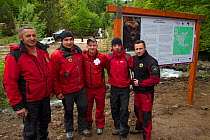 Mountain rescue team at the release site of European bison / Wisent (Bison bonasus) into the Tarcu mountains nature reserve. Natura 2000 area, Southern Carpathians, Romania. May 2014.