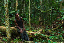 Norbert, local Wilderness Safari Pygmy guide, in forest. Ngaga, Republic of Congo (Congo-Brazzaville), Africa, June 2013.