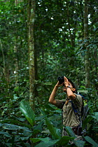Wilderness Safari guide Stephanie Courtines looking through binoculars in forest, Ngaga, Republic of Congo (Congo-Brazzaville), Africa, June 2013.