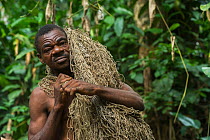 Ba'Kola Pygmy man with traditional duiker hunting net. Mbomo, Odzala-Kokoua National Park, Republic of Congo (Congo-Brazzaville), Africa, June 2013.