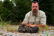 Chris Jenkins from the Orianne Society with Timber rattlesnake (Crotalus horridus) black morph, Northern Georgia, USA, August. Captive, occurs in USA.
