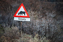 Rhino Traffic Sign on private game ranch. Great Karoo, South Africa, Septembe 2013.