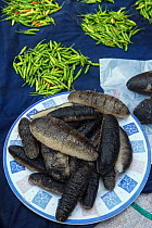 Sea cucumbers (Holothuroidea) for sale, Suva Seafood Market, Viti Levu, Fiji, South Pacific, April 2014.