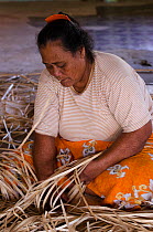 Woman weaving Pandanus mat (Pandanus sp) Kioa Island, Fiji, South Pacific, July 2014.