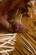 Woman weaving Pandanus mat (Pandanus sp) Kioa Island, Fiji, South Pacific, July 2014.