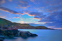 View of Melmore Hill from Altweary Bay at dusk, Melmore Head, Rosguill Peninsula, County Donegal, Republic of Ireland. August 2014.