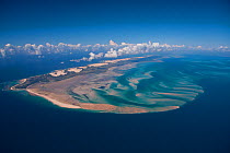 Aerial view of shifting sand forming a spit caused by longshore drift, off the coast of the Bazaruto Archipelago, Mozambique, May 2011.