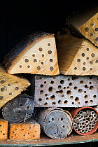 Nest sites for solitary bees, drilled into logs, Chepstow, Wales, UK August.