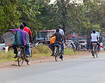 Bicycle taxis with passengers carrying people, Kisumu, Kenya, February 2013.