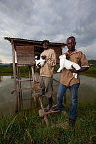 Rwandan farmers with rabbits, outside their hutches which sit over a fish-pond, Rwanda, June 2014.